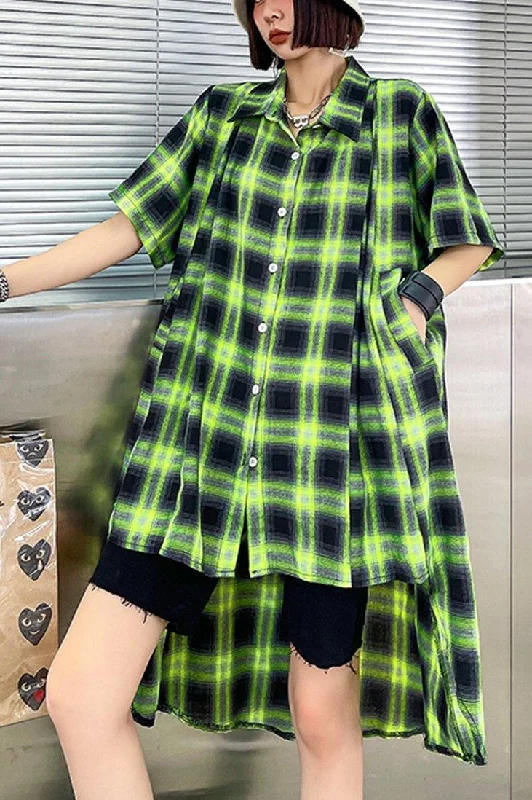 Street Fashion Elegant Green Plaid Cotton Buttonlow high design Summer Maxi Dresses Street Fashion Elegant Green Plaid Cotton Buttonlow high design Summer Maxi Dresses