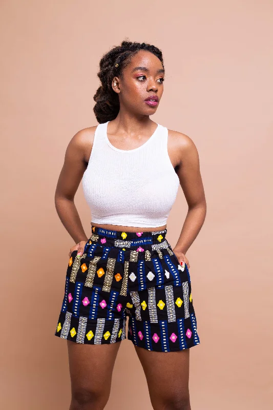 New Products Tanya Ankara High Waisted Shorts | Black and Blue Multicolored African Print