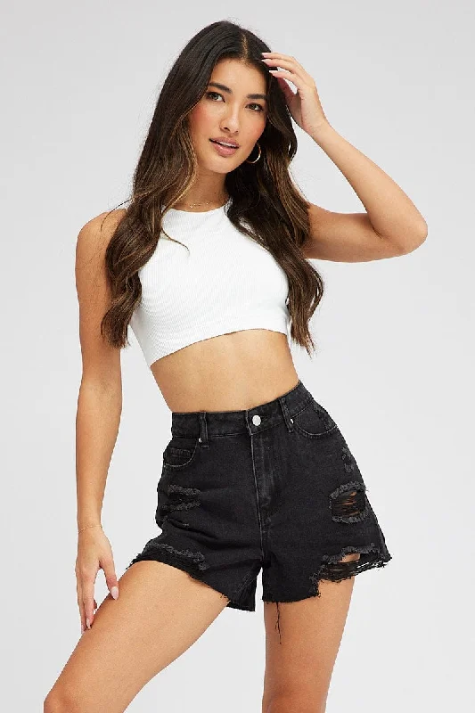 Trendy Items Black Ripped Denim Shorts